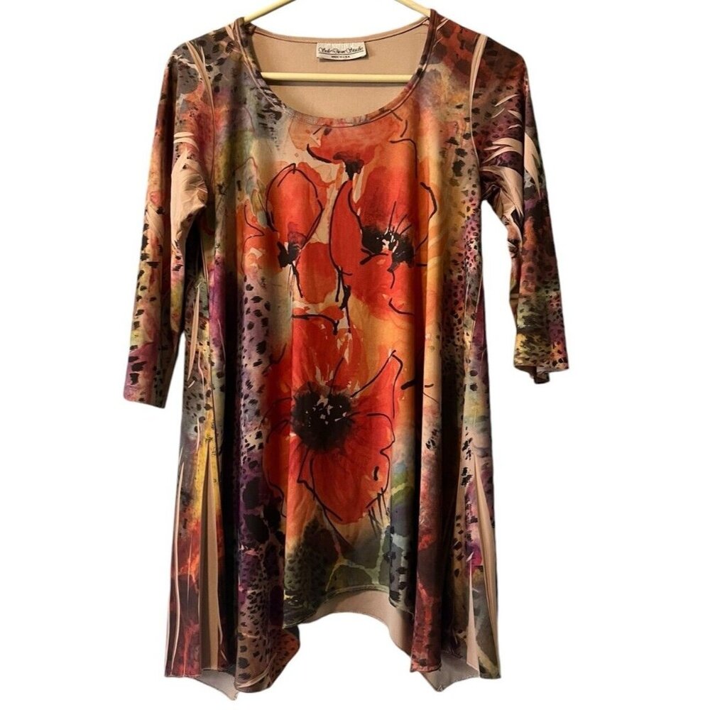 Sole‎ Dione Studio Floral Asymmetrical Tunic Women Top 3/4 Sleeve Wearable Art S